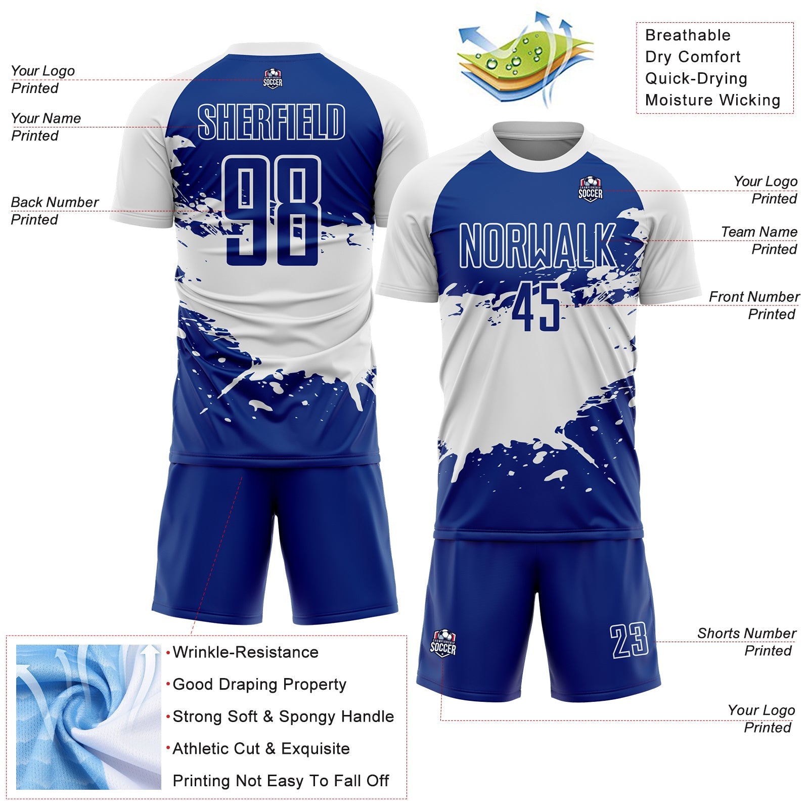 Custom Royal White Splash Sublimation Soccer Uniform Jersey - Sky-Custom