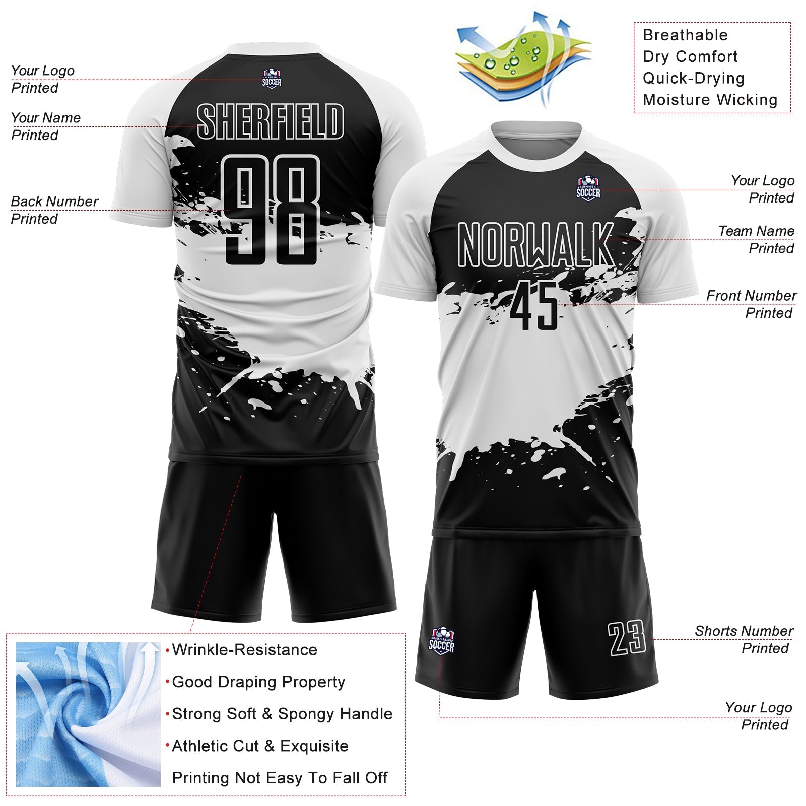 Custom Black White Splash Sublimation Soccer Uniform Jersey - Sky-Custom
