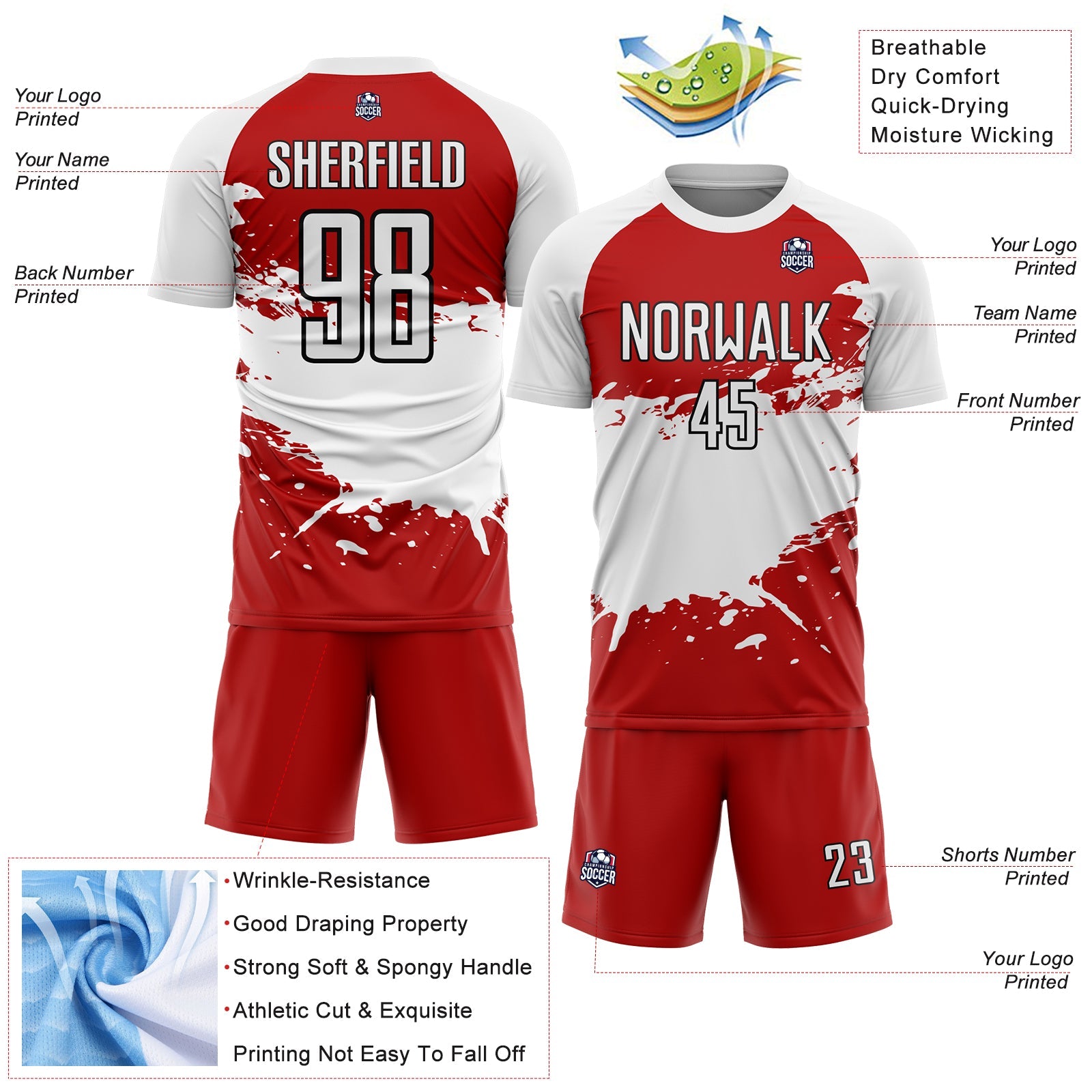 Custom Red White-Black Splash Sublimation Soccer Uniform Jersey - Sky-Custom