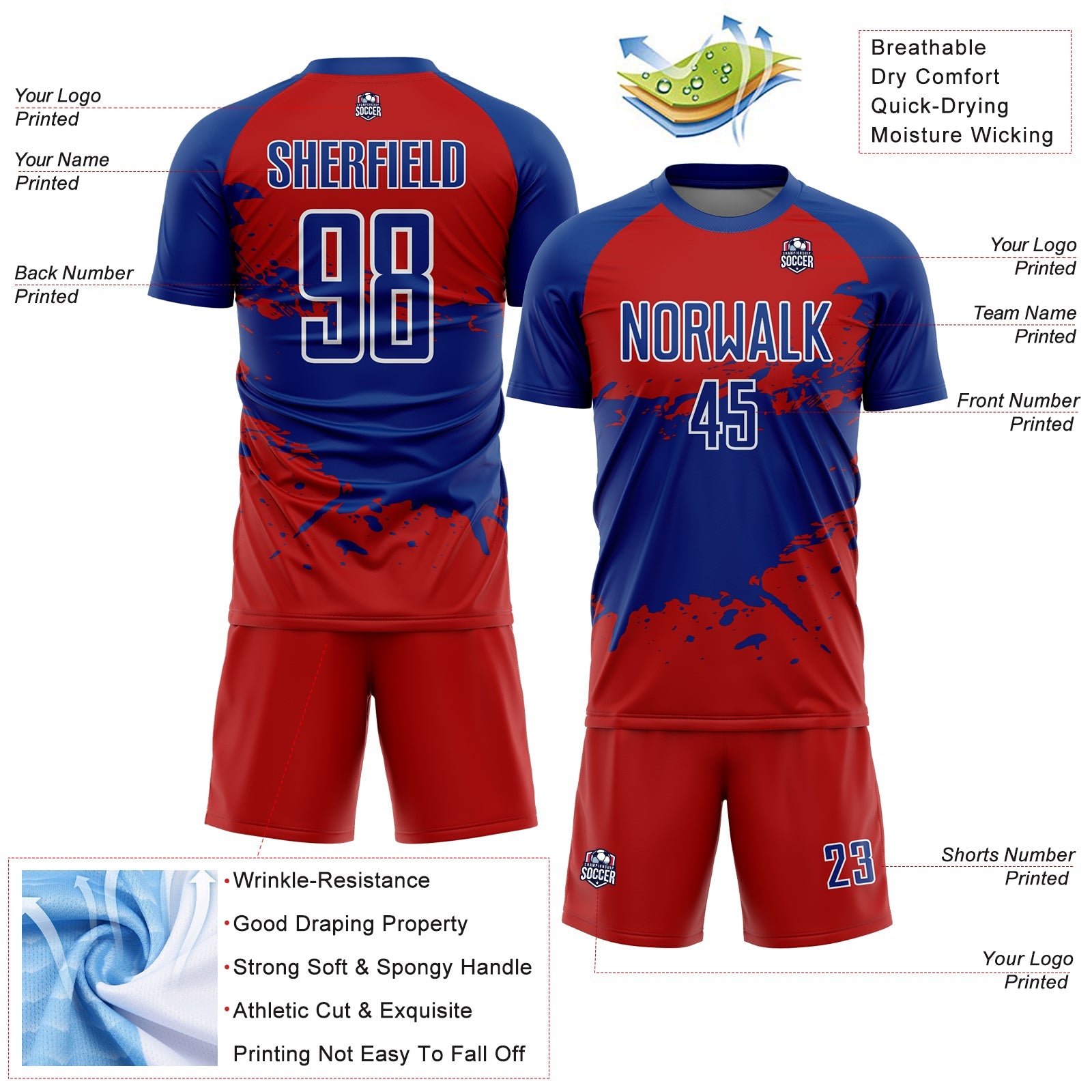 Custom Red Royal-White Splash Sublimation Soccer Uniform Jersey - Sky-Custom