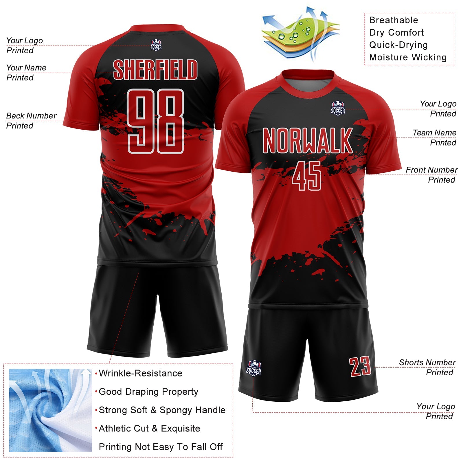 Custom Black Red-White Splash Sublimation Soccer Uniform Jersey - Sky-Custom