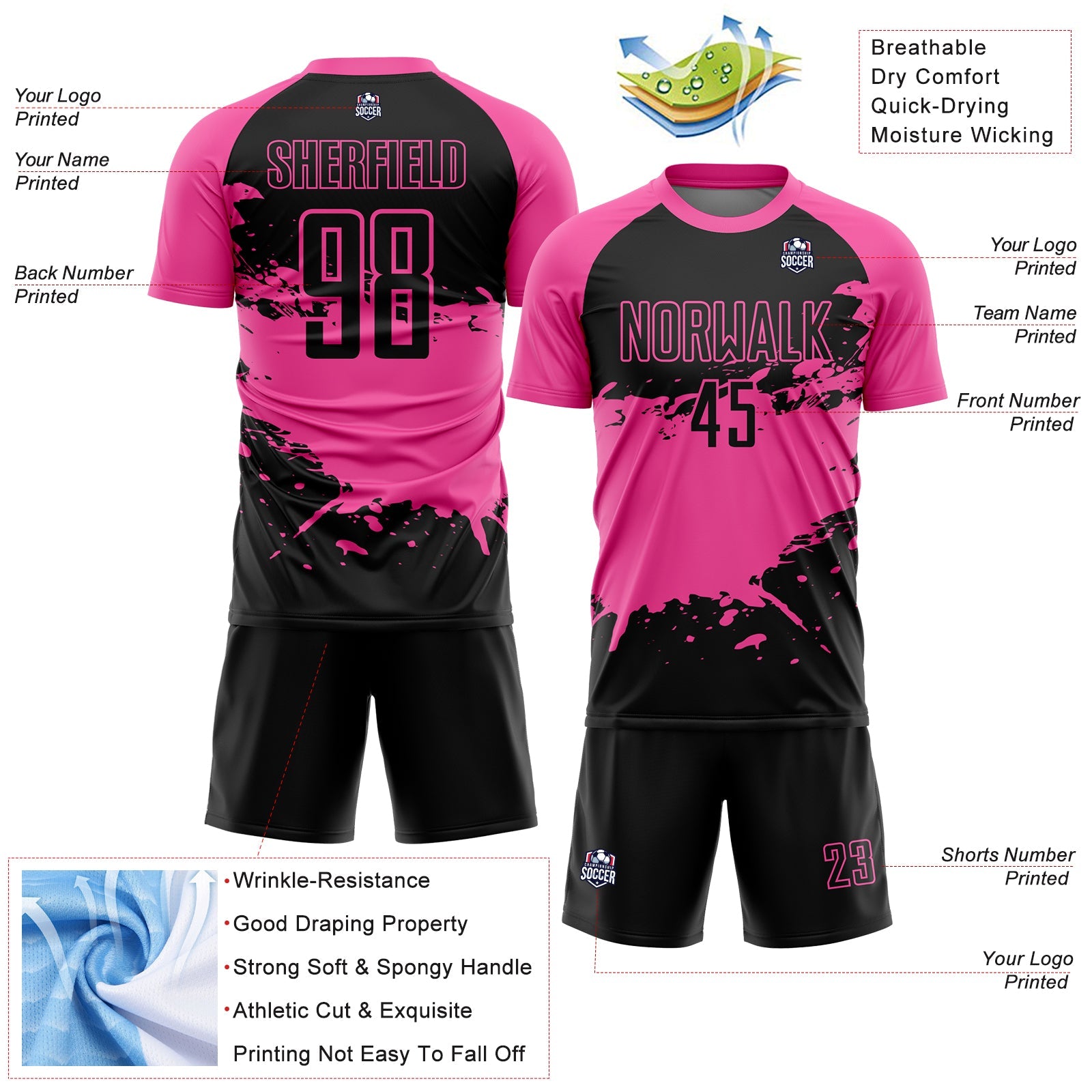 Custom Black Pink-White Splash Sublimation Soccer Uniform Jersey - Sky-Custom
