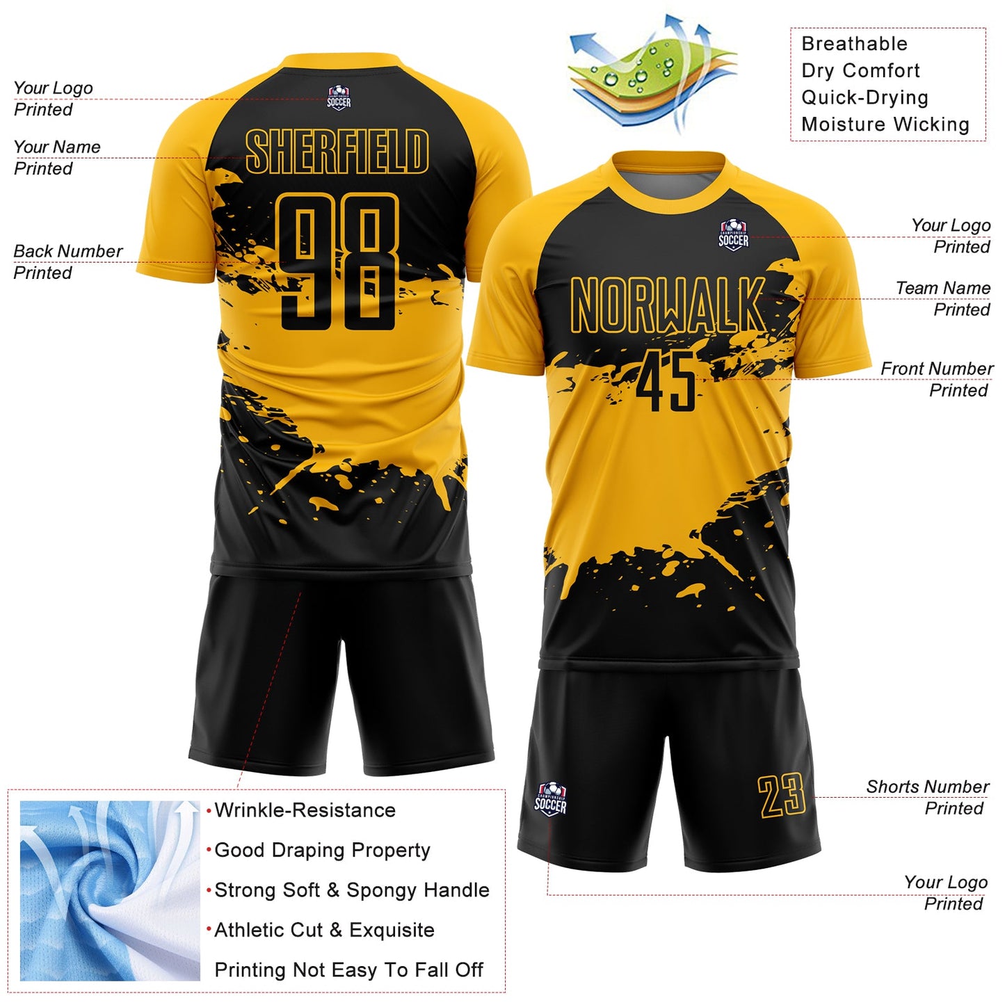 Custom Black Gold Splash Sublimation Soccer Uniform Jersey - Sky-Custom