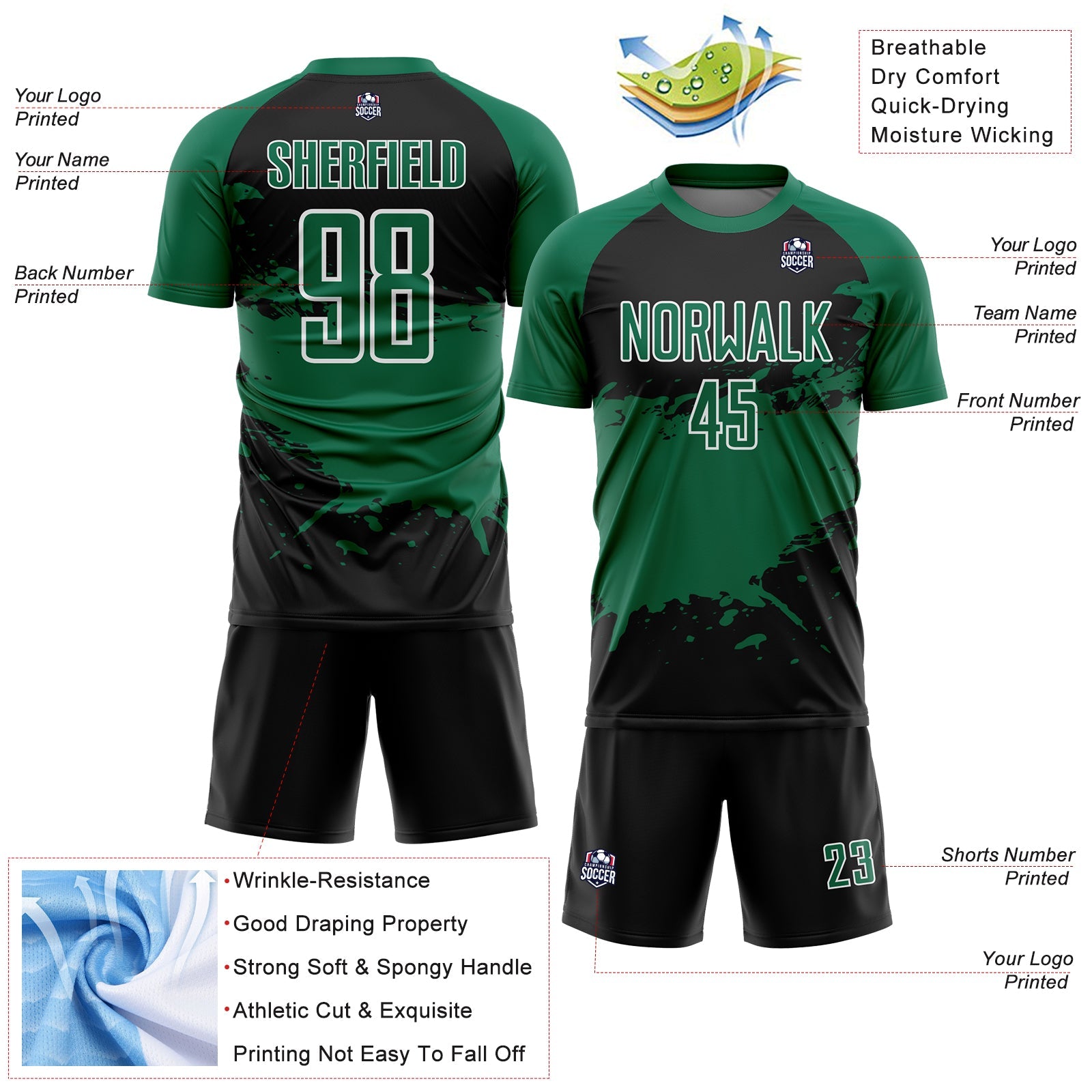 Custom Black Kelly Green-White Splash Sublimation Soccer Uniform Jersey - Sky-Custom