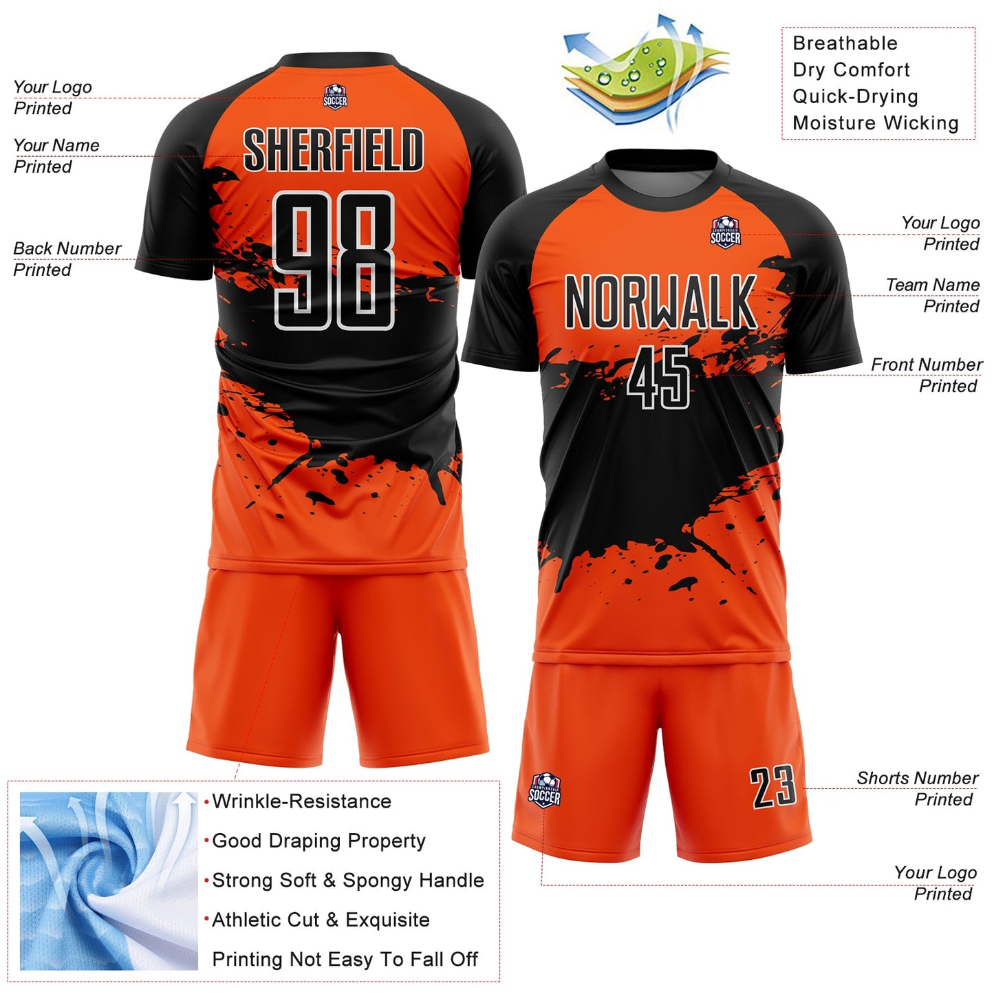 Custom Orange Black-White Splash Sublimation Soccer Uniform Jersey - Sky-Custom