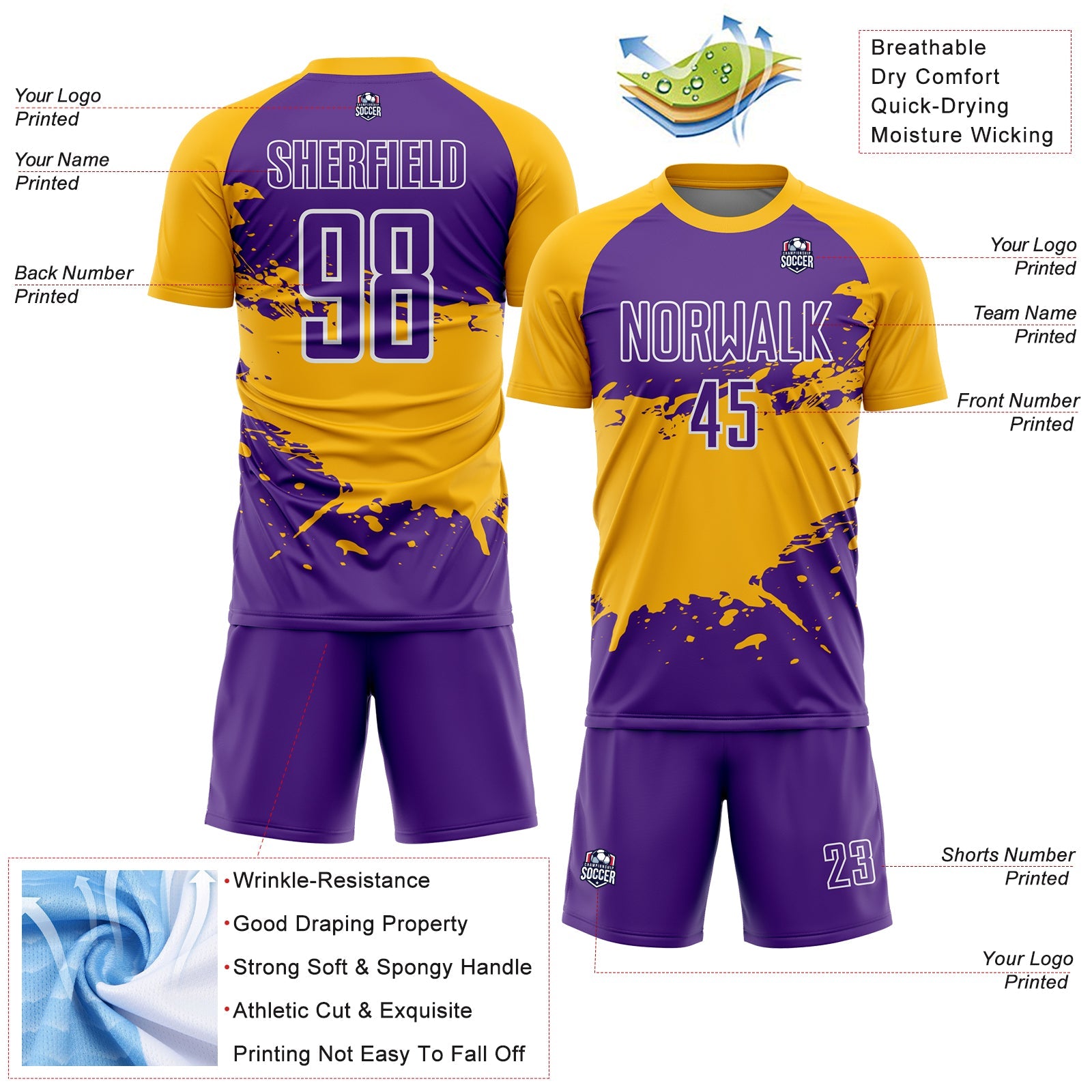 Custom Purple Gold-White Splash Sublimation Soccer Uniform Jersey - Sky-Custom