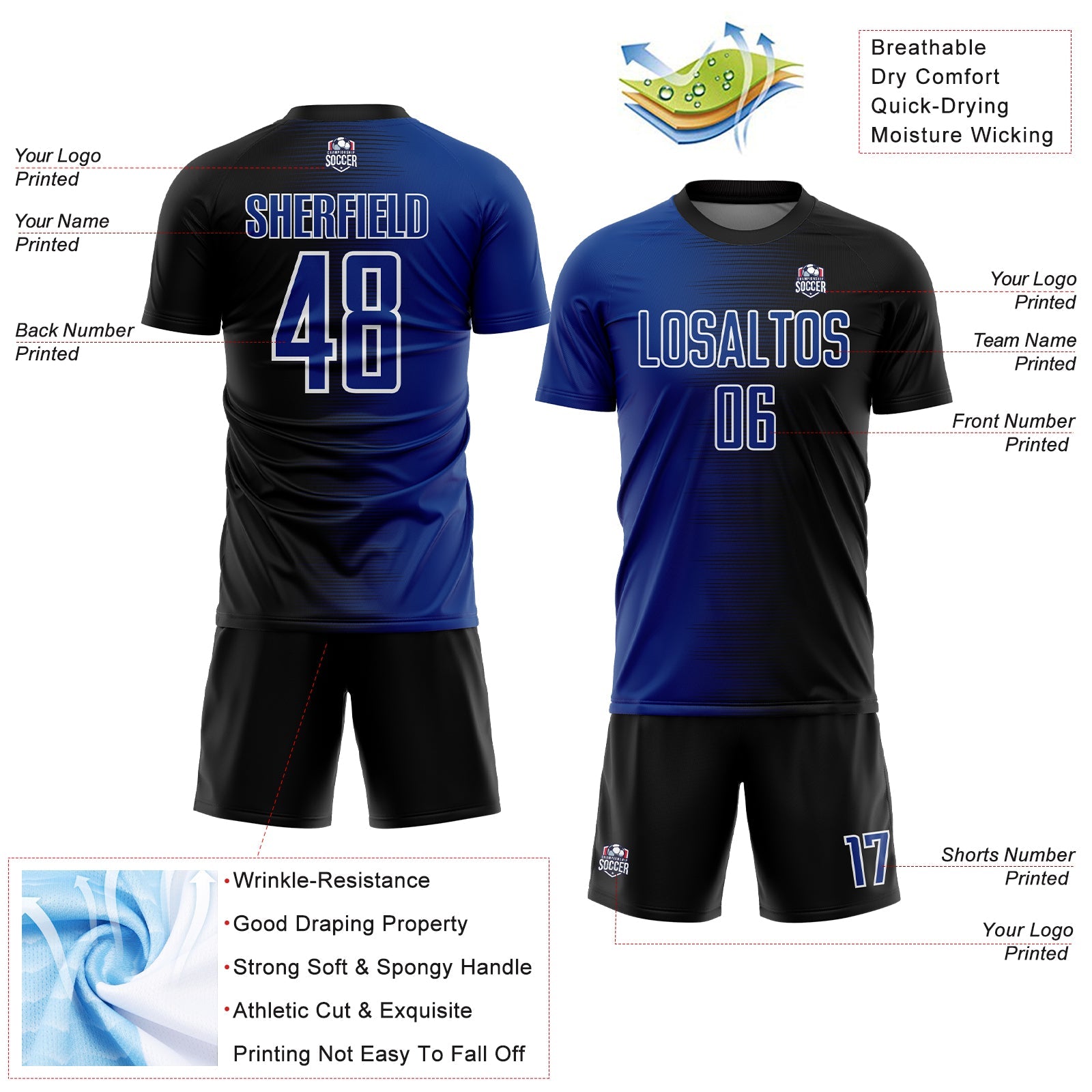 Custom Black Royal-White Gradient Line Sublimation Soccer Uniform Jersey - Sky-Custom
