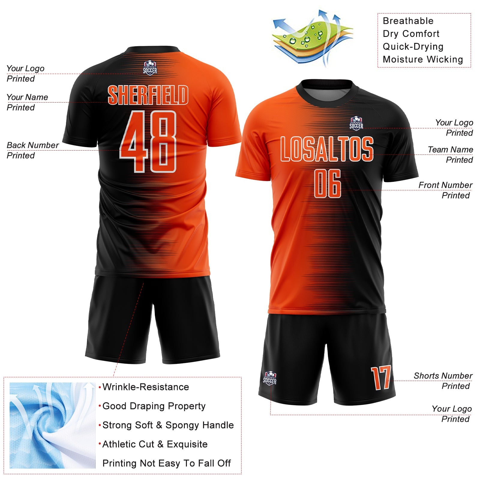Custom Black Orange-White Gradient Line Sublimation Soccer Uniform Jersey - Sky-Custom