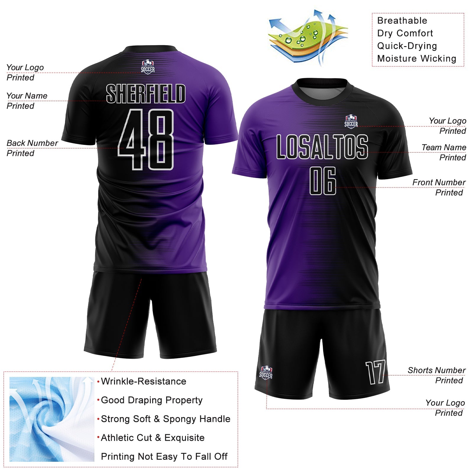 Custom Black Purple-White Gradient Line Sublimation Soccer Uniform Jersey - Sky-Custom