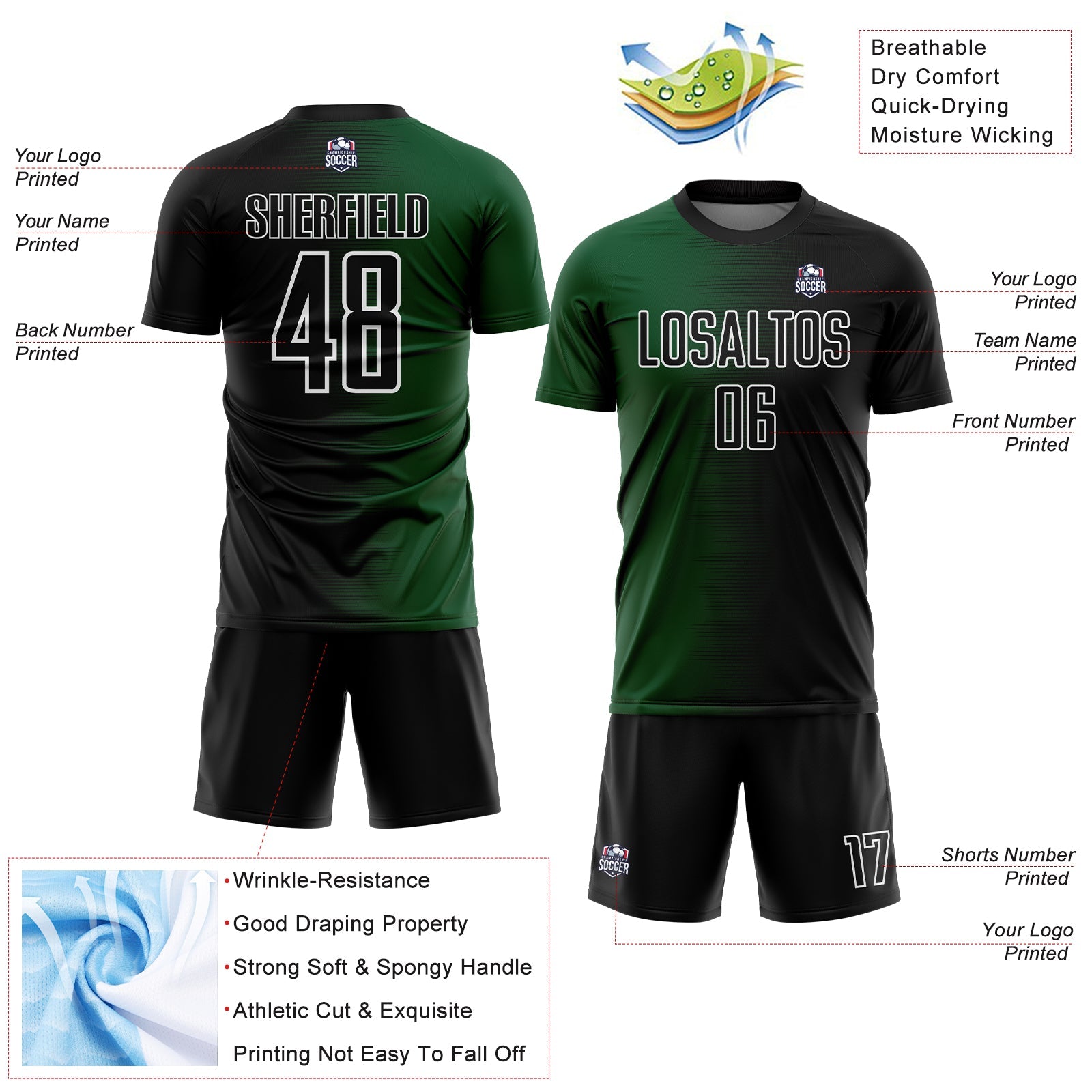Custom Black Green-White Gradient Line Sublimation Soccer Uniform Jersey - Sky-Custom