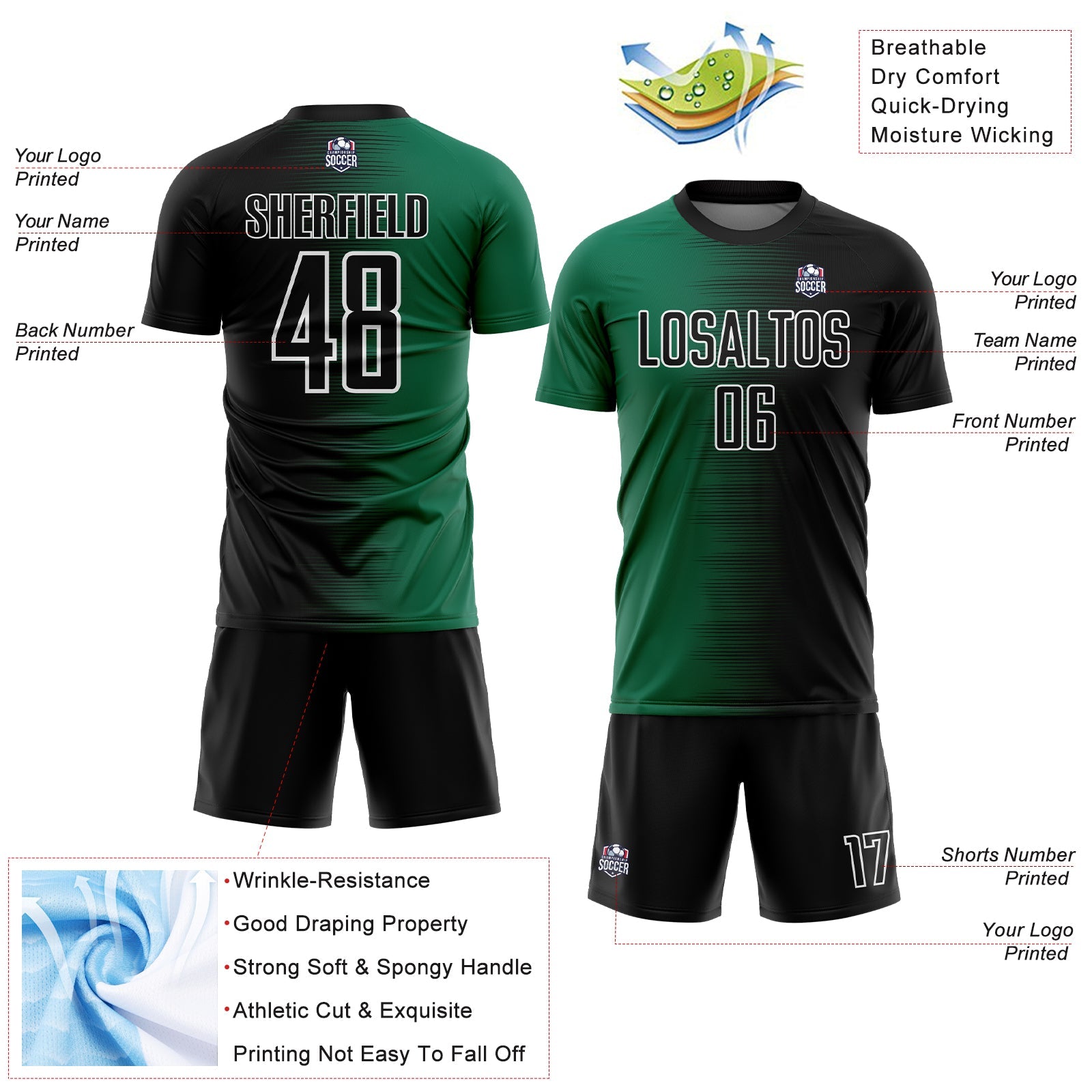 Custom Black Kelly Green-White Gradient Line Sublimation Soccer Uniform Jersey - Sky-Custom