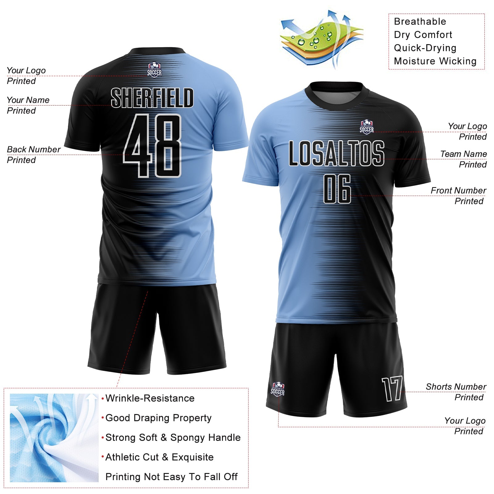 Custom Black Light Blue-White Gradient Line Sublimation Soccer Uniform Jersey - Sky-Custom