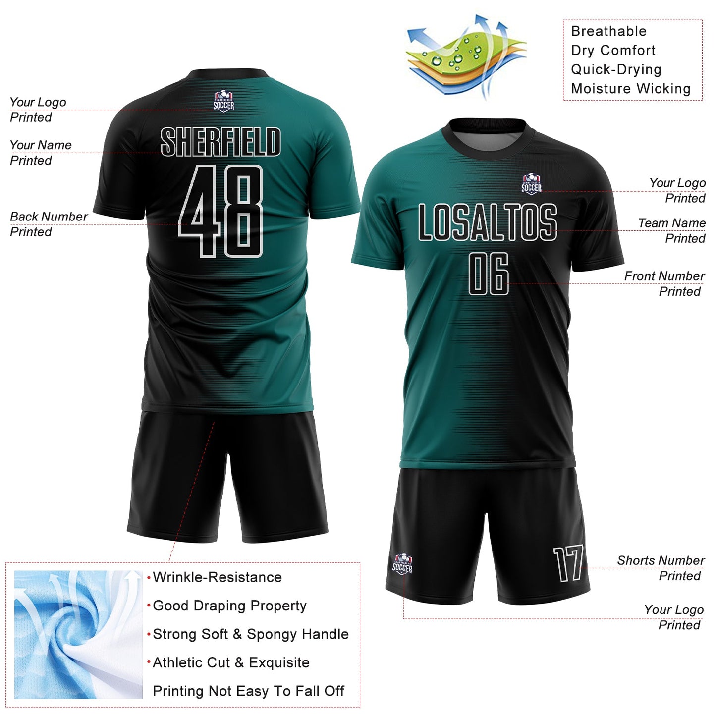 Custom Black Teal-White Gradient Line Sublimation Soccer Uniform Jersey - Sky-Custom