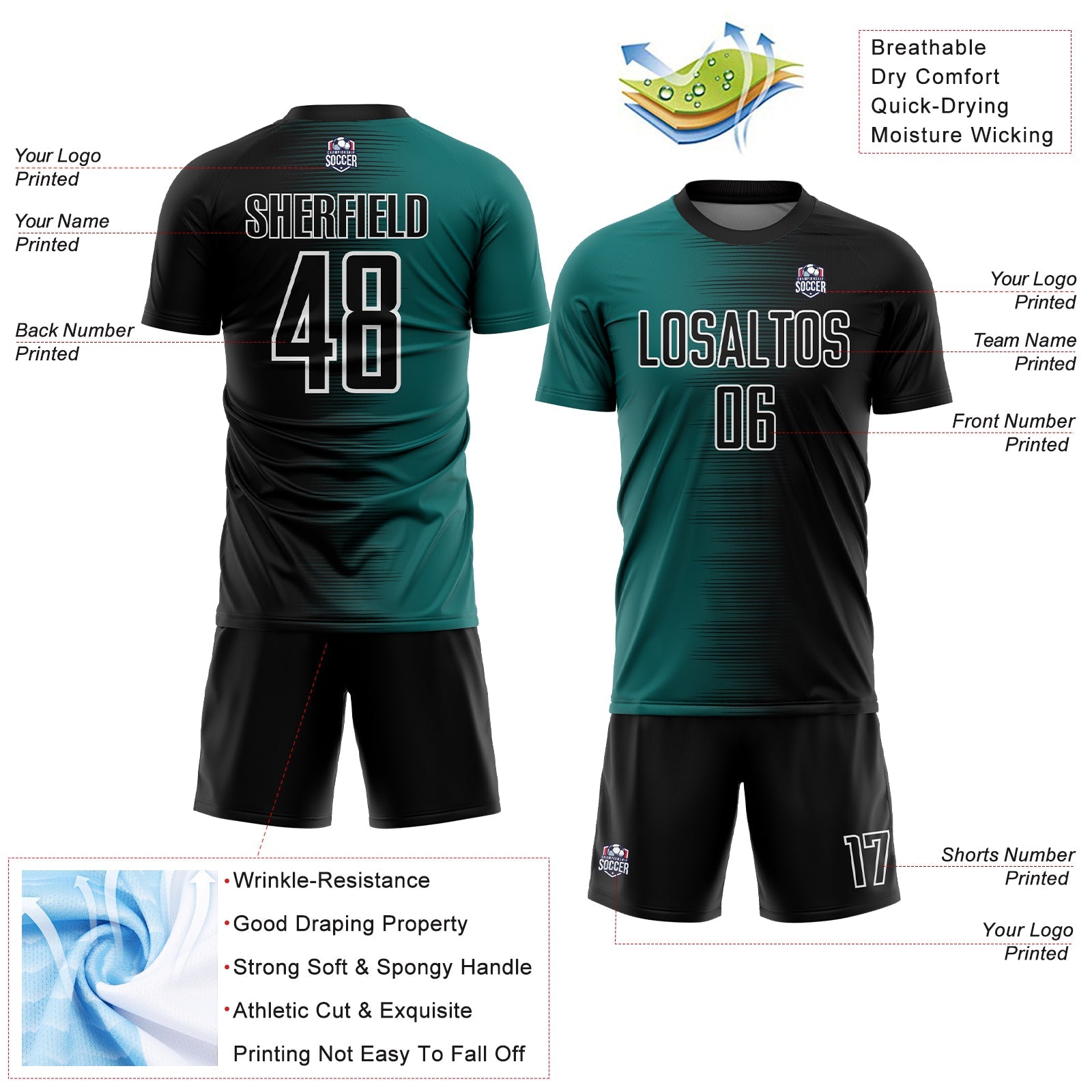 Custom Black Teal-White Gradient Line Sublimation Soccer Uniform Jersey - Sky-Custom