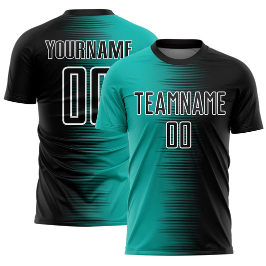 Custom Black Aqua-White Gradient Line Sublimation Soccer Uniform Jersey - Sky-Custom