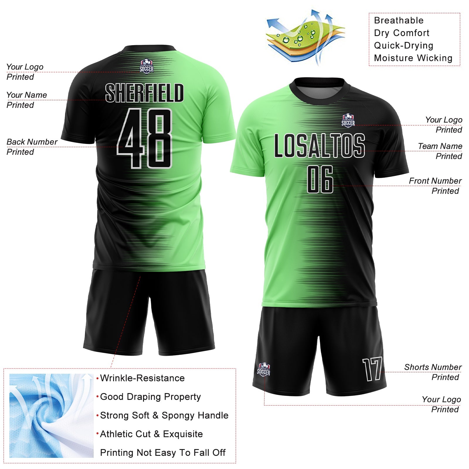 Custom Black Pea Green-White Gradient Line Sublimation Soccer Uniform Jersey - Sky-Custom