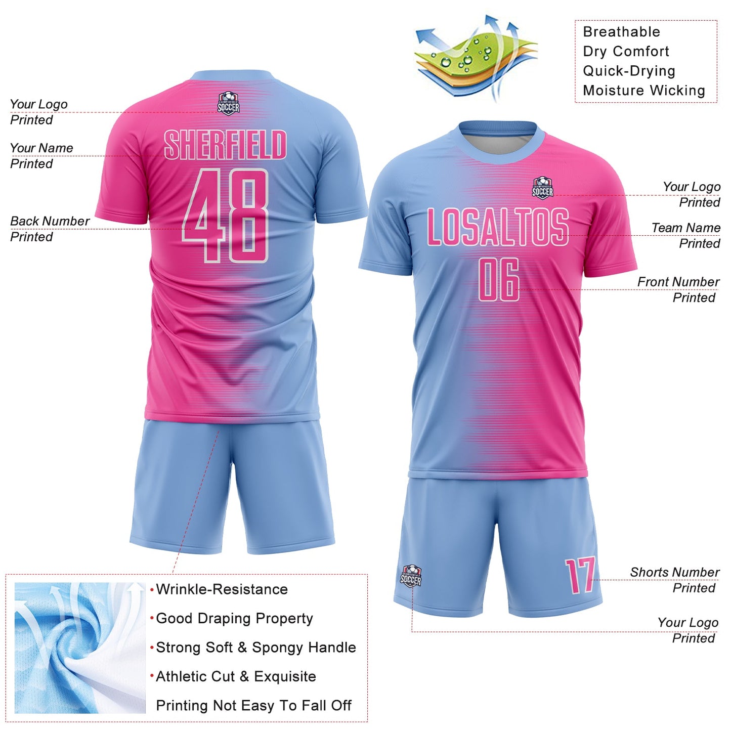 Custom Light Blue Pink-White Gradient Line Sublimation Soccer Uniform Jersey - Sky-Custom