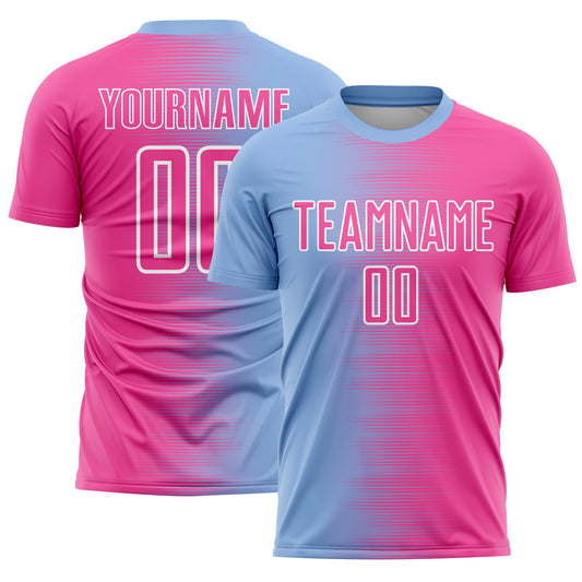 Custom Light Blue Pink-White Gradient Line Sublimation Soccer Uniform Jersey - Sky-Custom