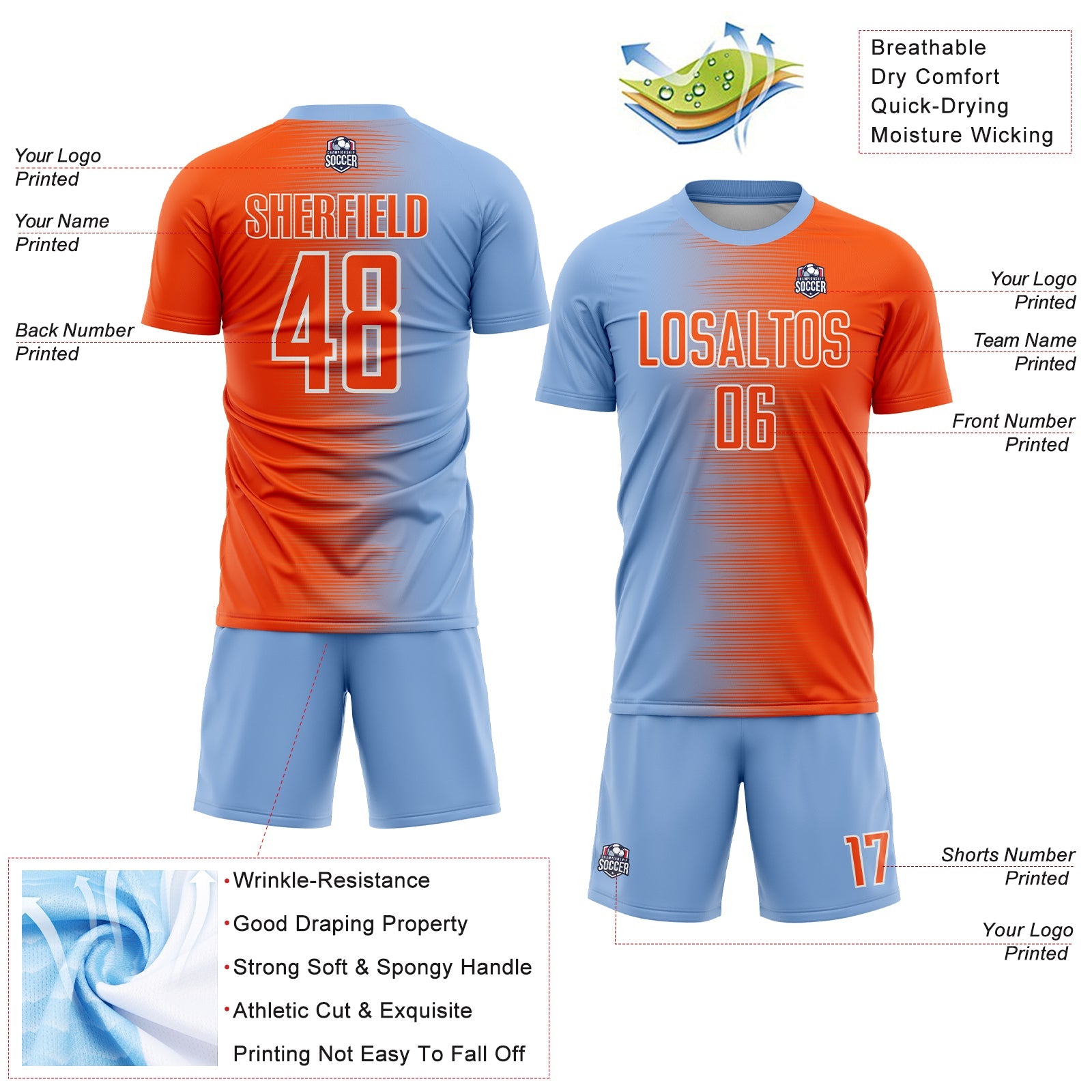 Custom Light Blue Orange-White Gradient Line Sublimation Soccer Uniform Jersey - Sky-Custom