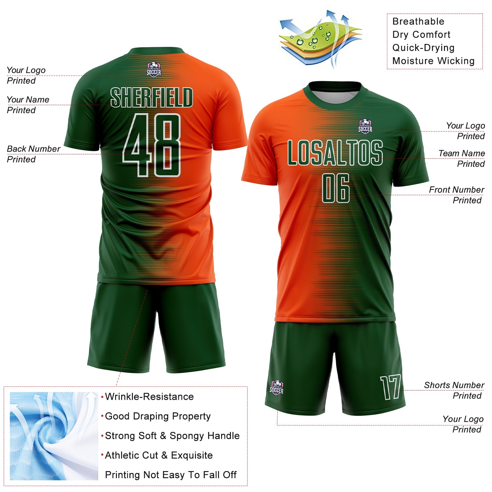 Custom Green Orange-White Gradient Line Sublimation Soccer Uniform Jersey - Sky-Custom