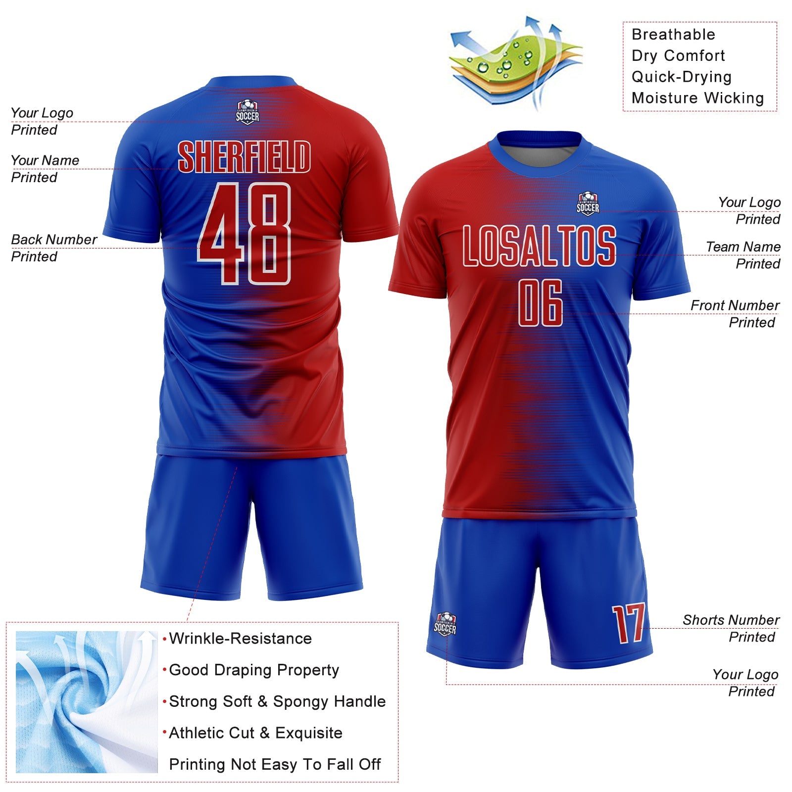 Custom Thunder Blue Red-White Gradient Line Sublimation Soccer Uniform Jersey - Sky-Custom