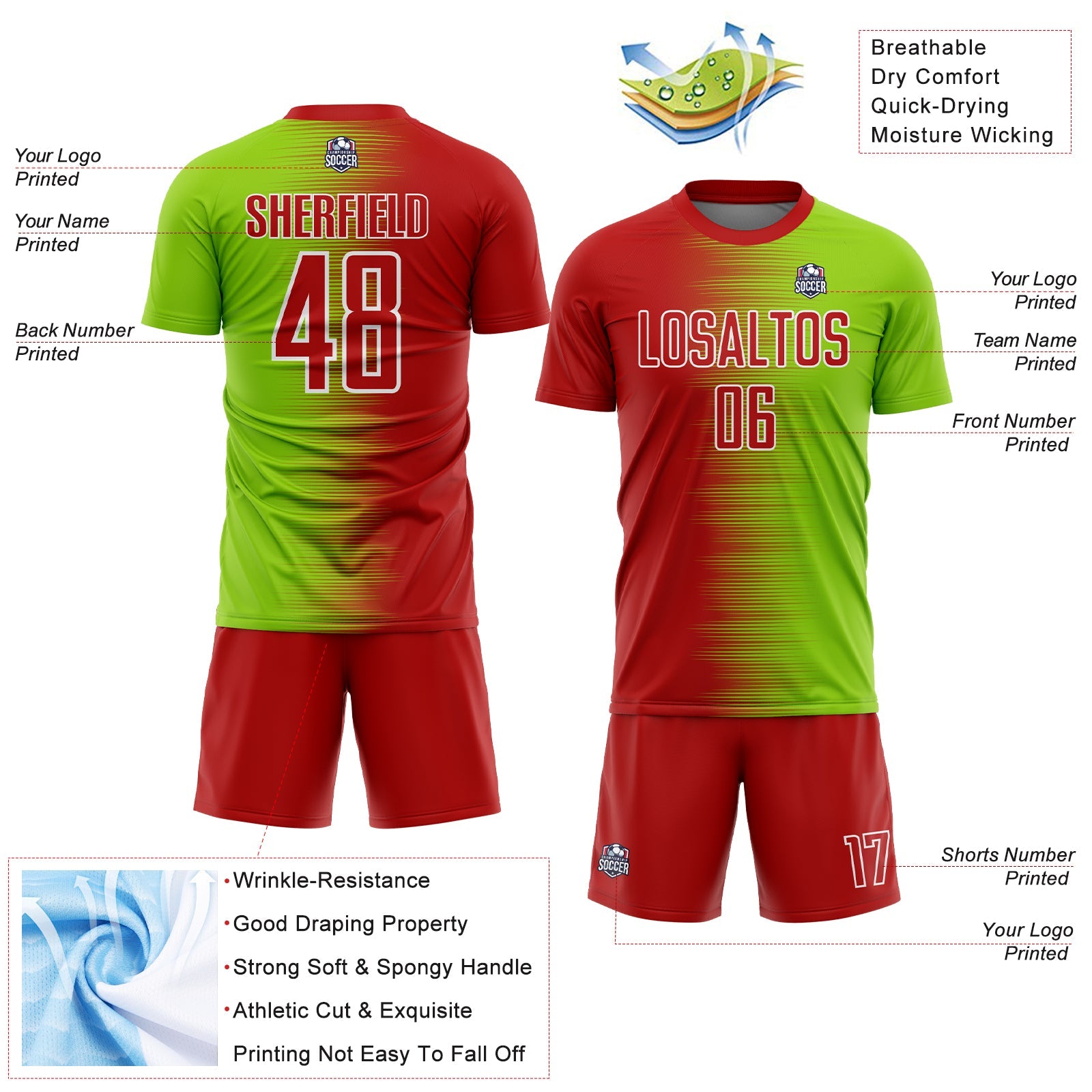 Custom Red Neon Green-White Gradient Line Sublimation Soccer Uniform Jersey - Sky-Custom
