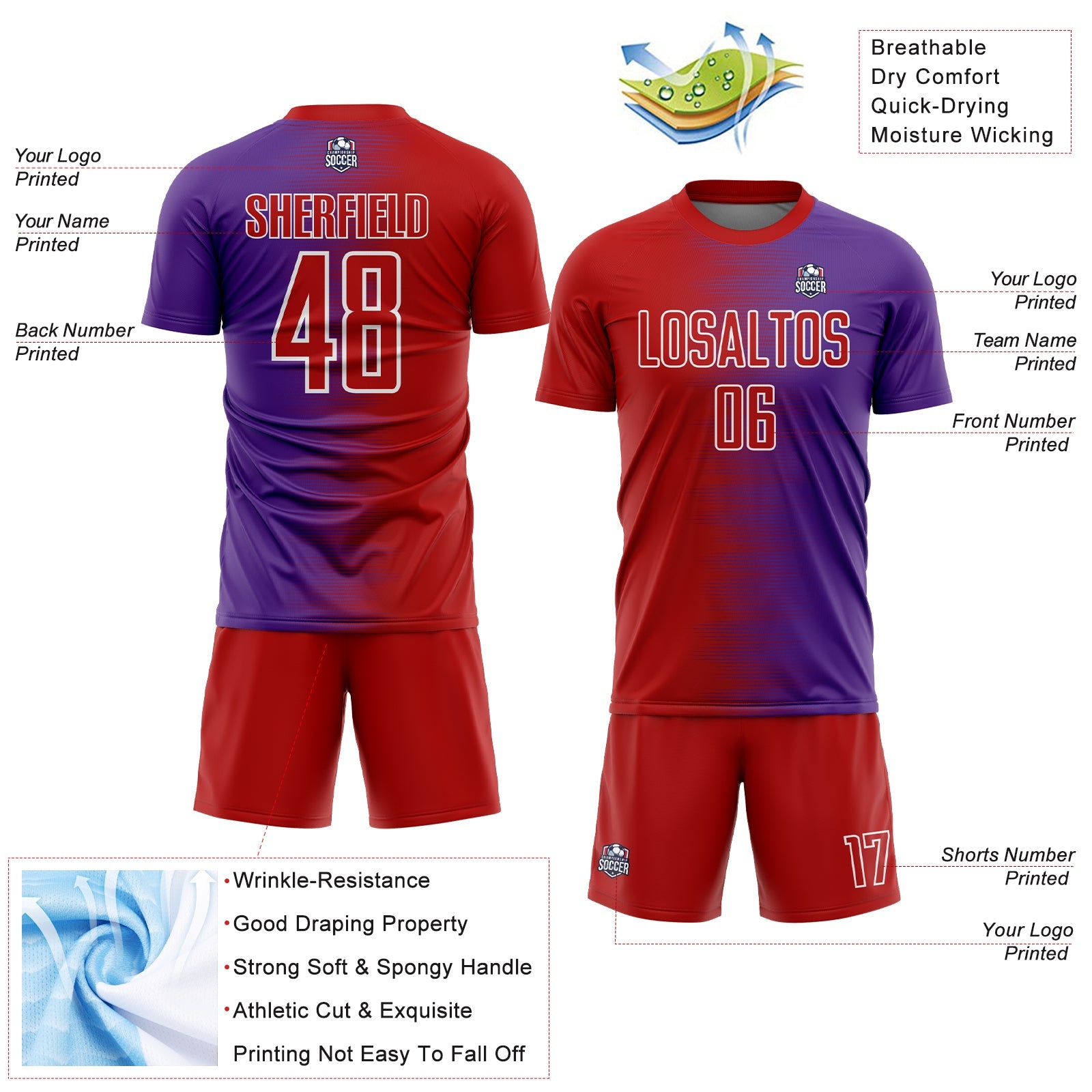Custom Red Purple-White Gradient Line Sublimation Soccer Uniform Jersey - Sky-Custom