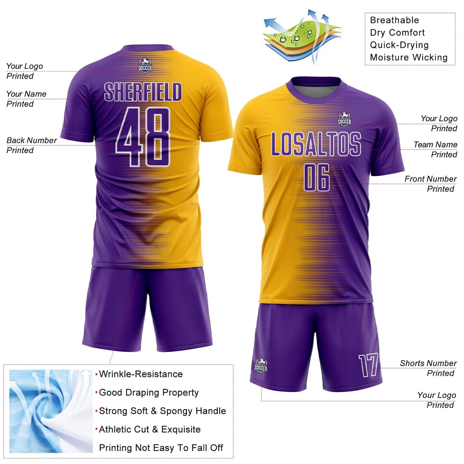 Custom Purple Gold-White Gradient Line Sublimation Soccer Uniform Jersey - Sky-Custom