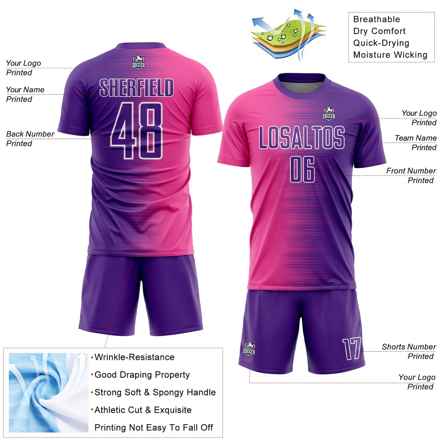 Custom Purple Pink-White Gradient Line Sublimation Soccer Uniform Jersey - Sky-Custom