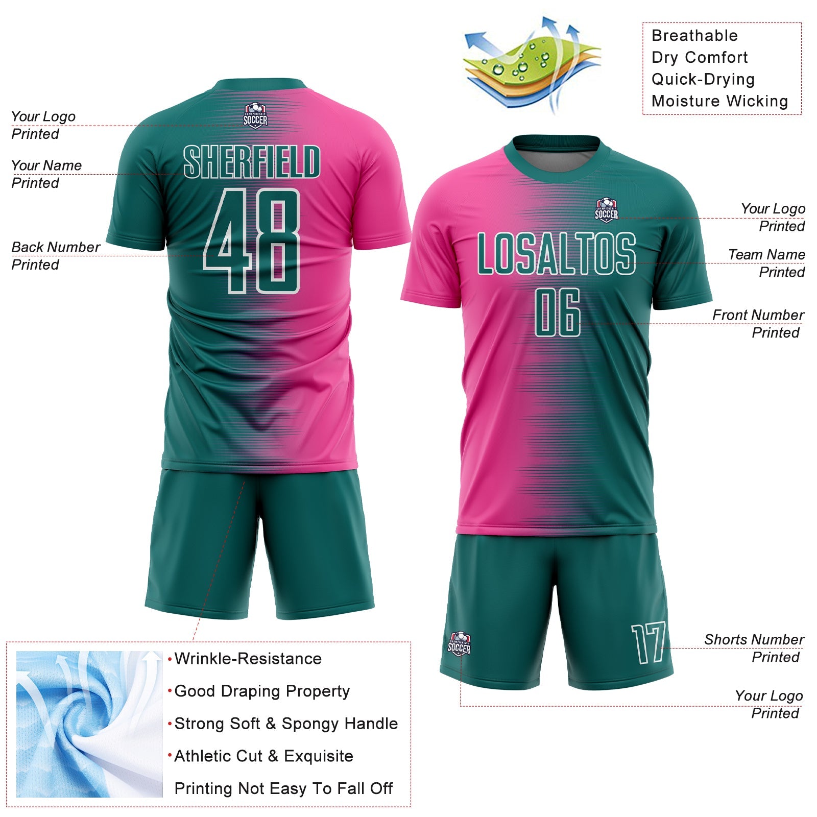 Custom Teal Pink-White Gradient Line Sublimation Soccer Uniform Jersey - Sky-Custom
