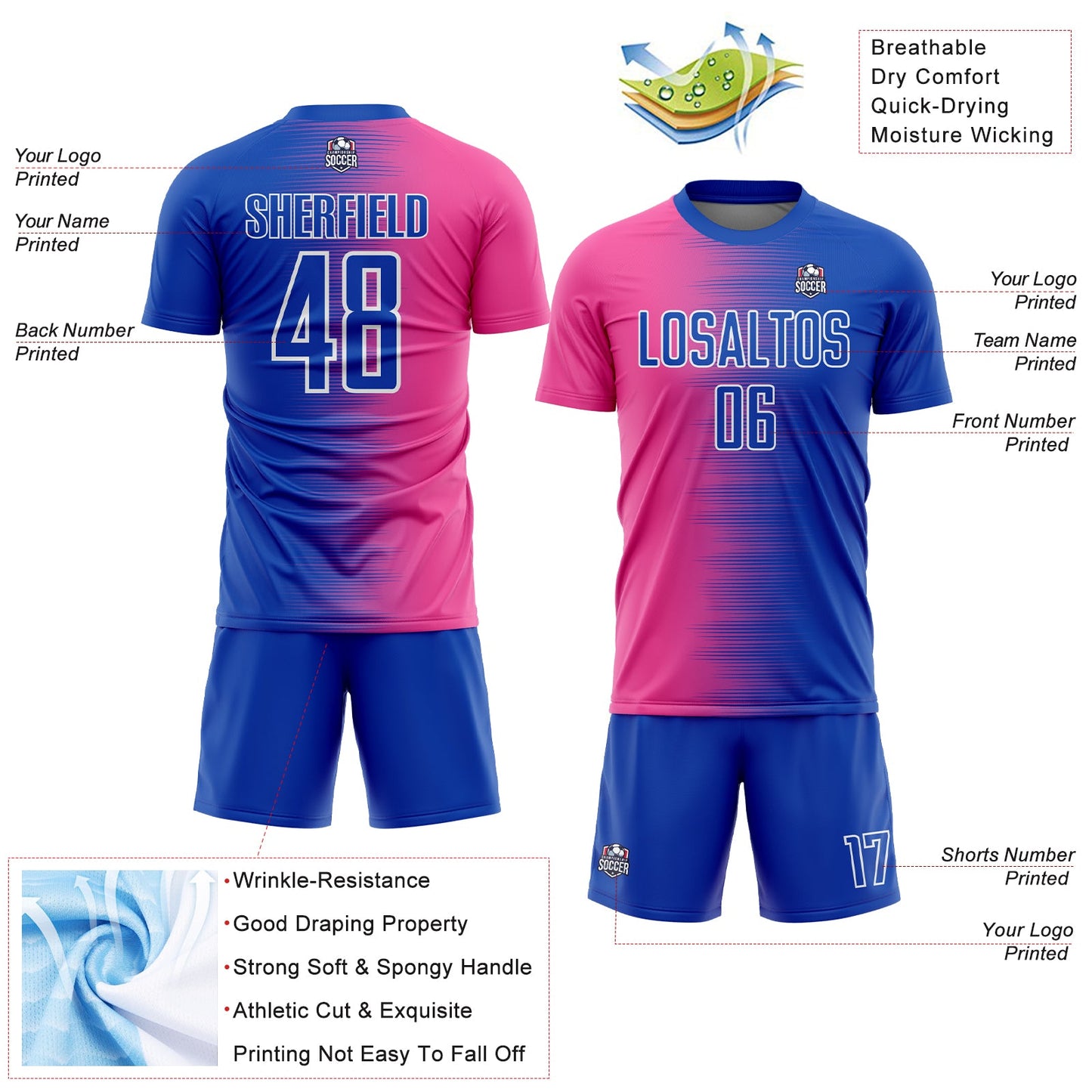 Custom Thunder Blue Pink-White Gradient Line Sublimation Soccer Uniform Jersey - Sky-Custom