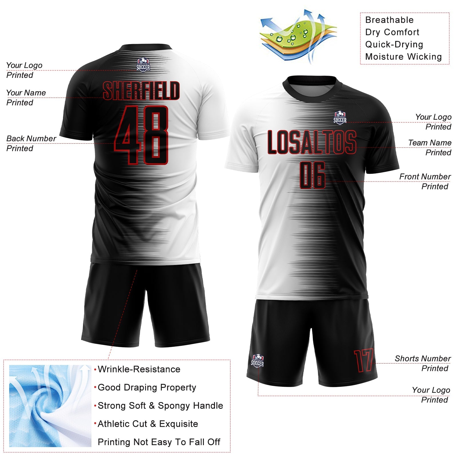 Custom Black White-Red Gradient Line Sublimation Soccer Uniform Jersey - Sky-Custom