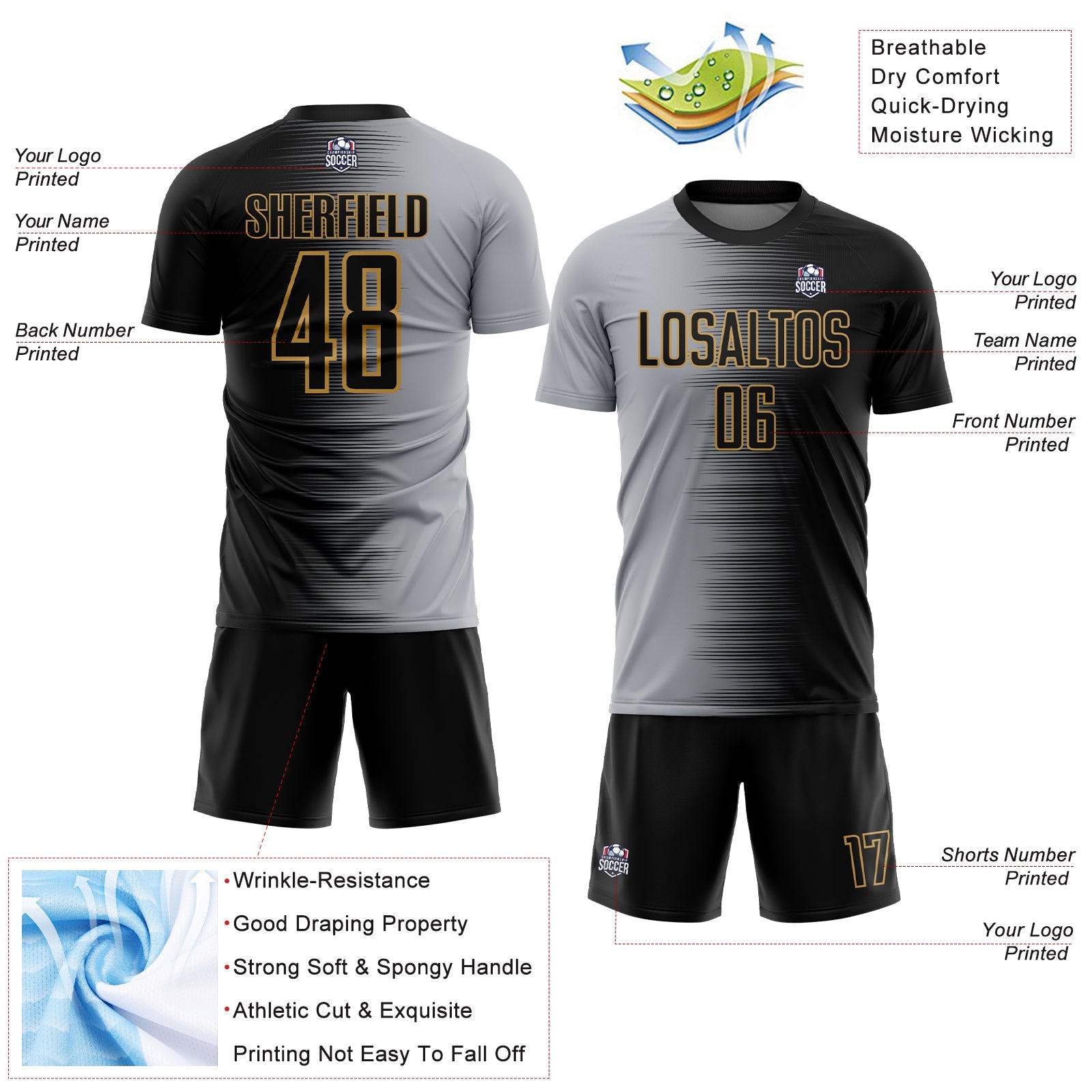 Custom Black Gray-Old Gold Gradient Line Sublimation Soccer Uniform Jersey - Sky-Custom