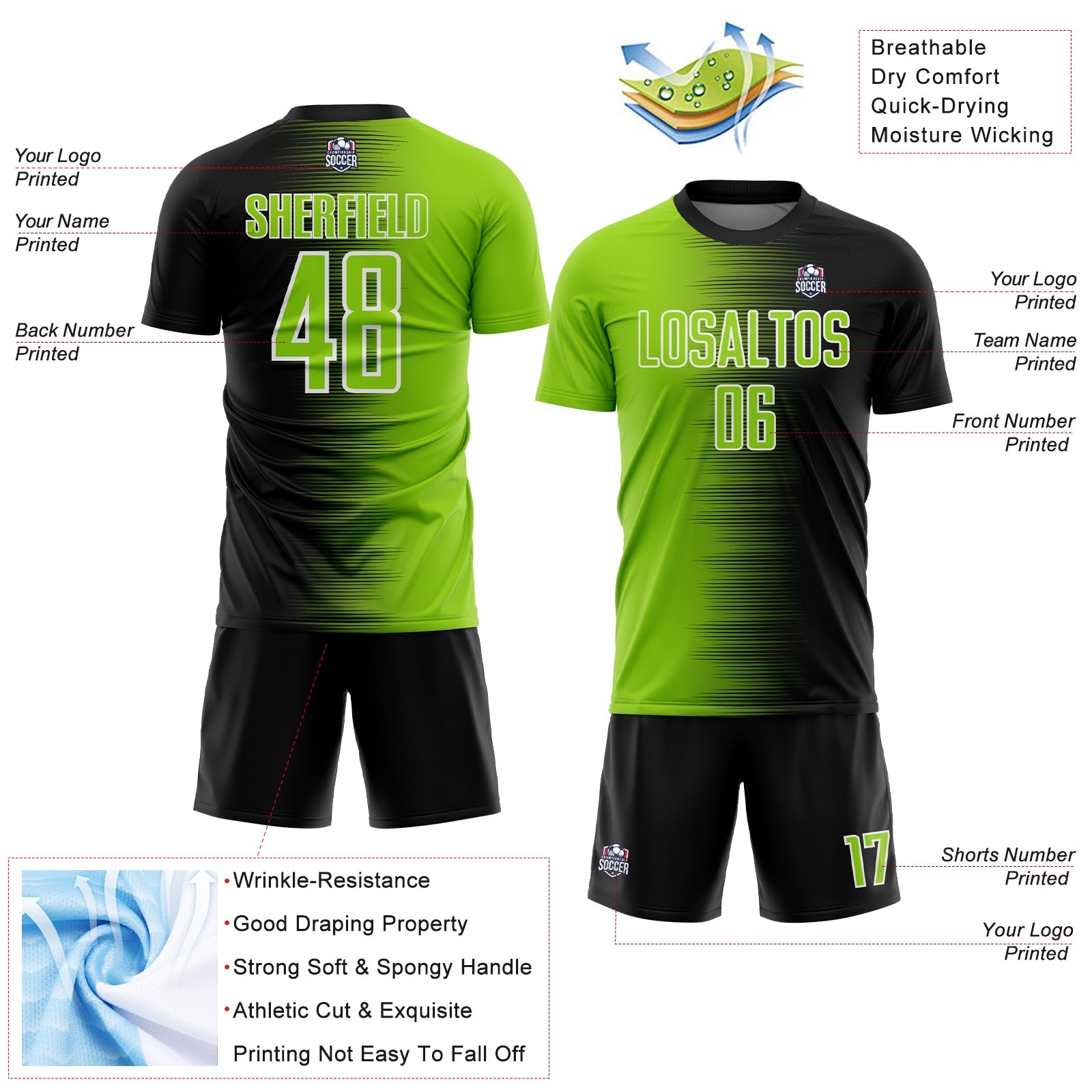 Custom Black Neon Green-White Gradient Line Sublimation Soccer Uniform Jersey - Sky-Custom