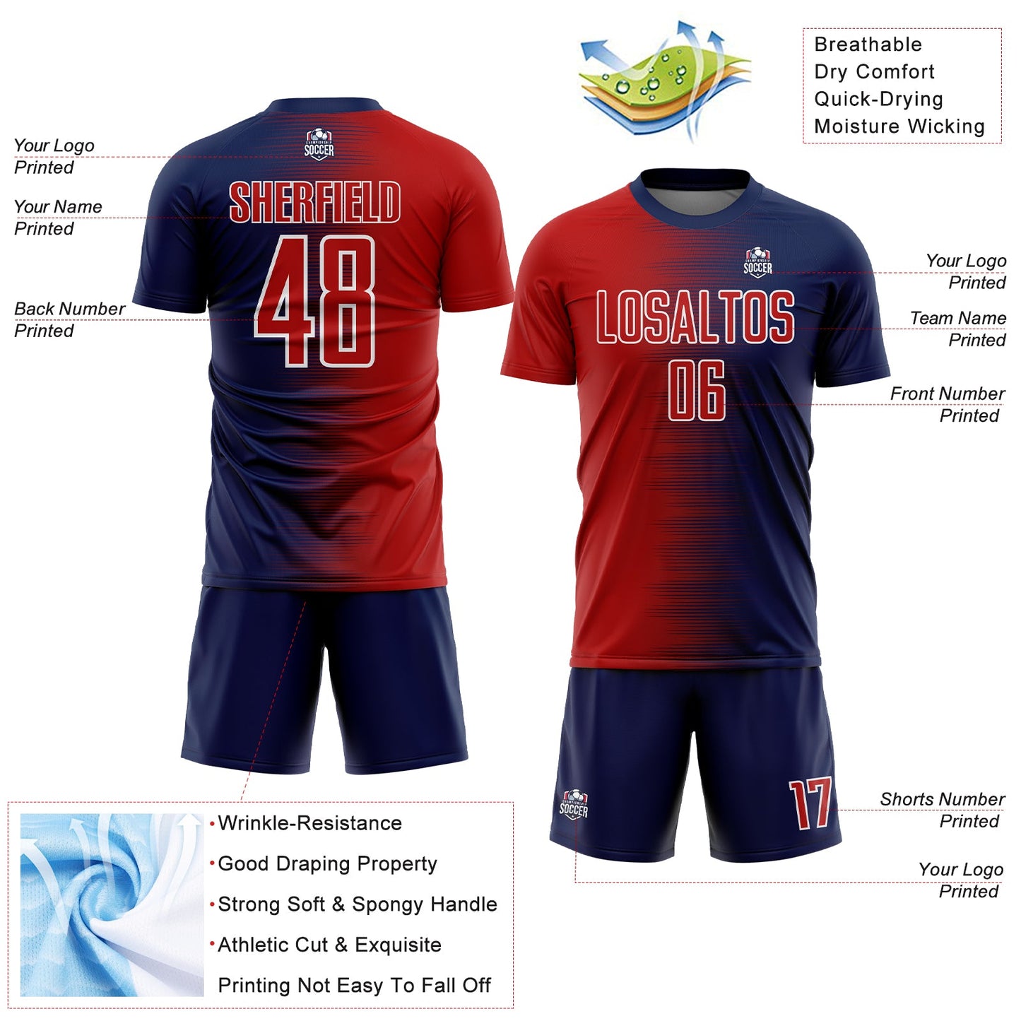 Custom Navy Red-White Gradient Line Sublimation Soccer Uniform Jersey - Sky-Custom