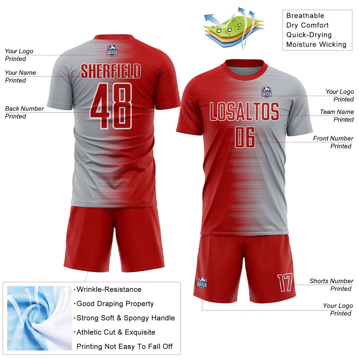 Custom Red Gray-White Gradient Line Sublimation Soccer Uniform Jersey - Sky-Custom