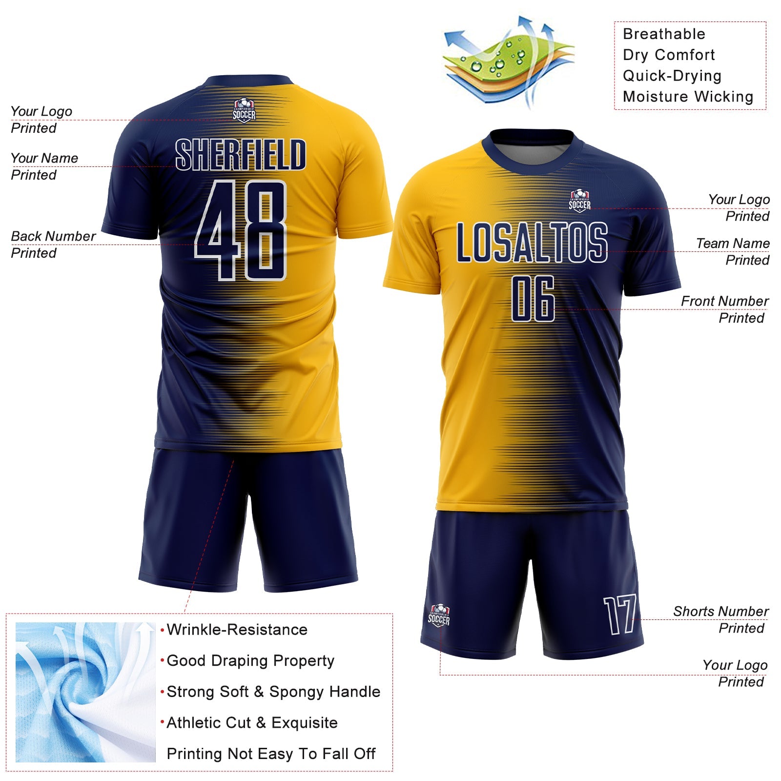 Custom Navy Gold-White Gradient Line Sublimation Soccer Uniform Jersey - Sky-Custom