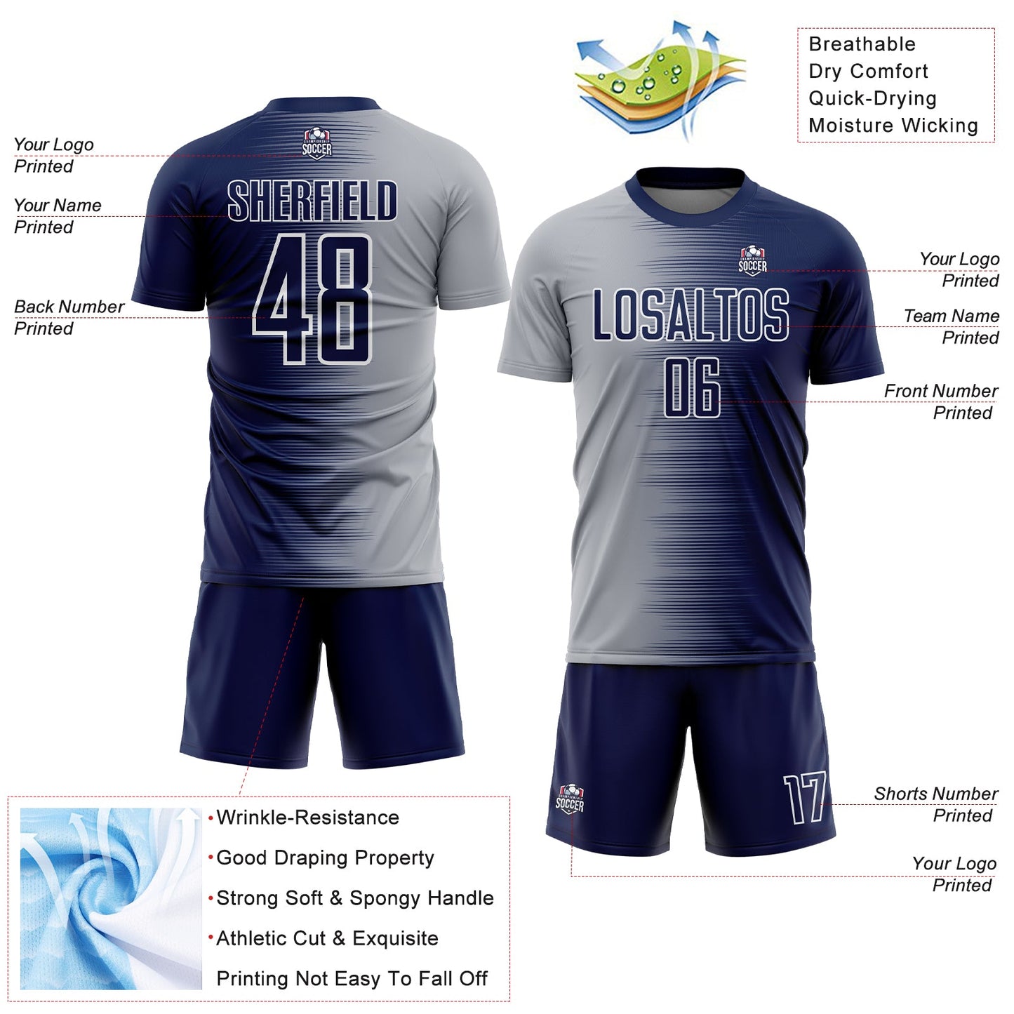 Custom Navy Gray-White Gradient Line Sublimation Soccer Uniform Jersey - Sky-Custom