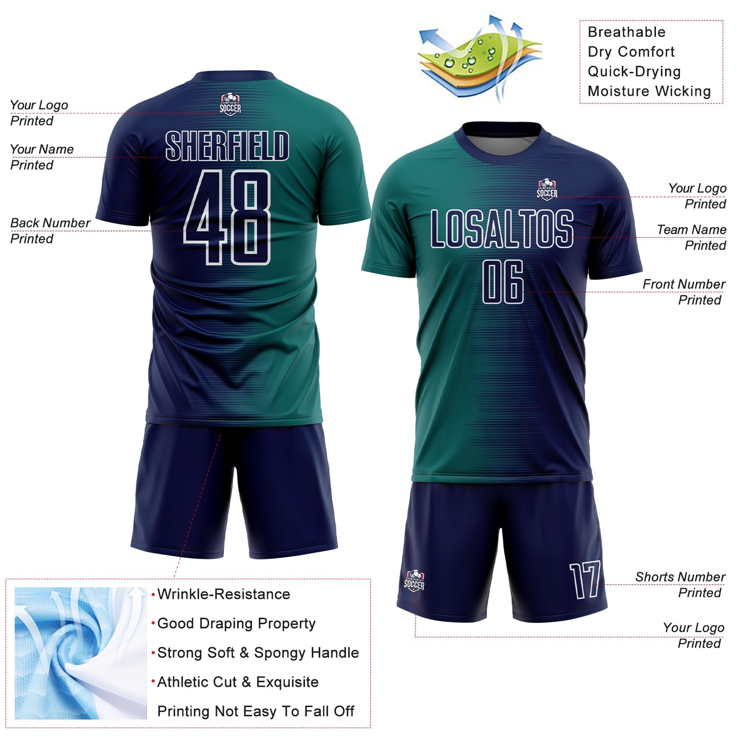 Custom Navy Teal-White Gradient Line Sublimation Soccer Uniform Jersey - Sky-Custom