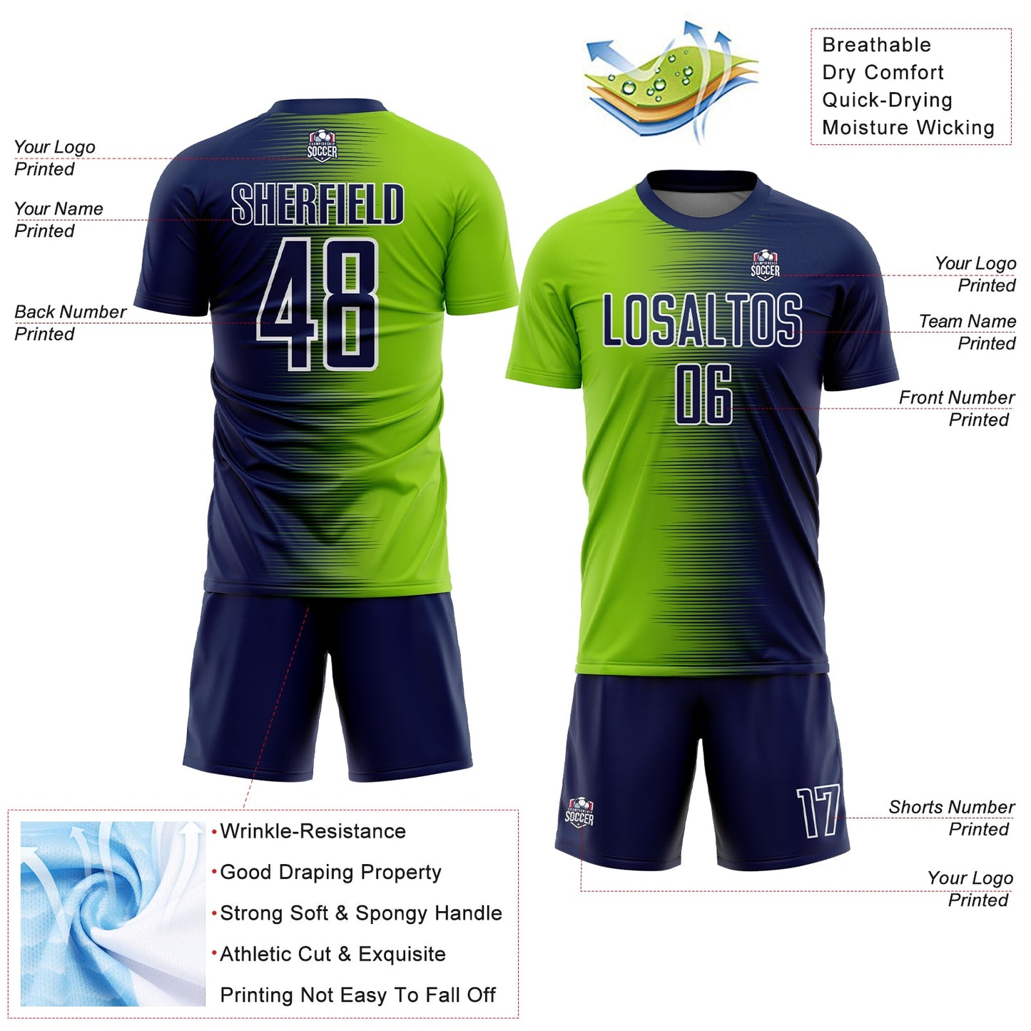 Custom Navy Neon Green-White Gradient Line Sublimation Soccer Uniform Jersey - Sky-Custom