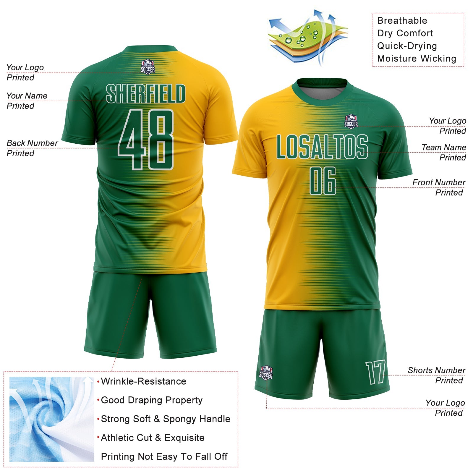 Custom Kelly Green Gold-White Gradient Line Sublimation Soccer Uniform Jersey - Sky-Custom