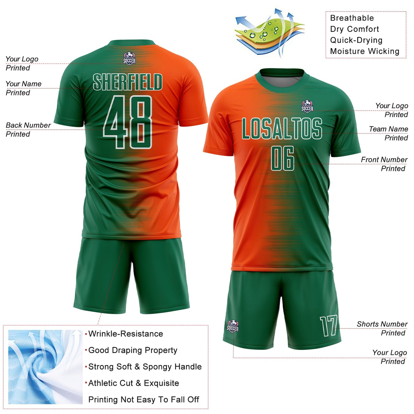 Custom Kelly Green Orange-White Gradient Line Sublimation Soccer Uniform Jersey - Sky-Custom