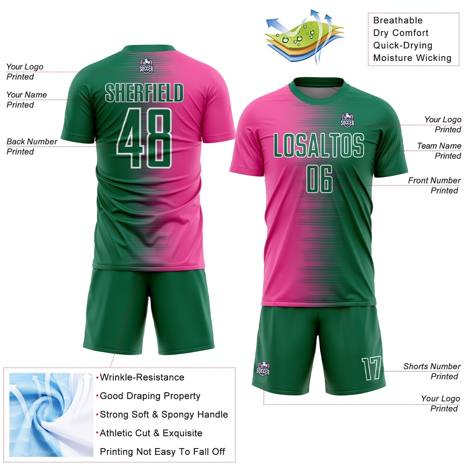 Custom Kelly Green Pink-White Gradient Line Sublimation Soccer Uniform Jersey - Sky-Custom