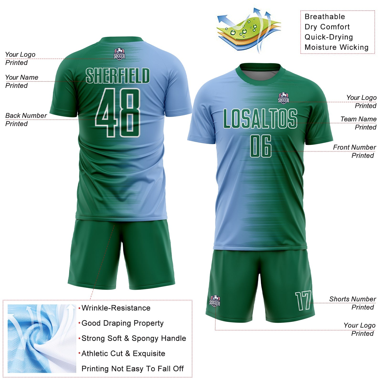 Custom Kelly Green Light Blue-White Gradient Line Sublimation Soccer Uniform Jersey - Sky-Custom