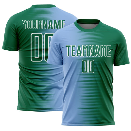 Custom Kelly Green Light Blue-White Gradient Line Sublimation Soccer Uniform Jersey - Sky-Custom