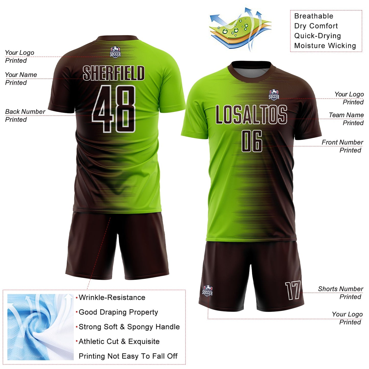 Custom Brown Neon Green-White Gradient Line Sublimation Soccer Uniform Jersey - Sky-Custom