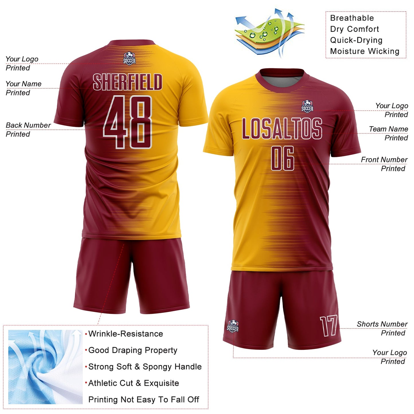 Custom Crimson Gold-White Gradient Line Sublimation Soccer Uniform Jersey - Sky-Custom