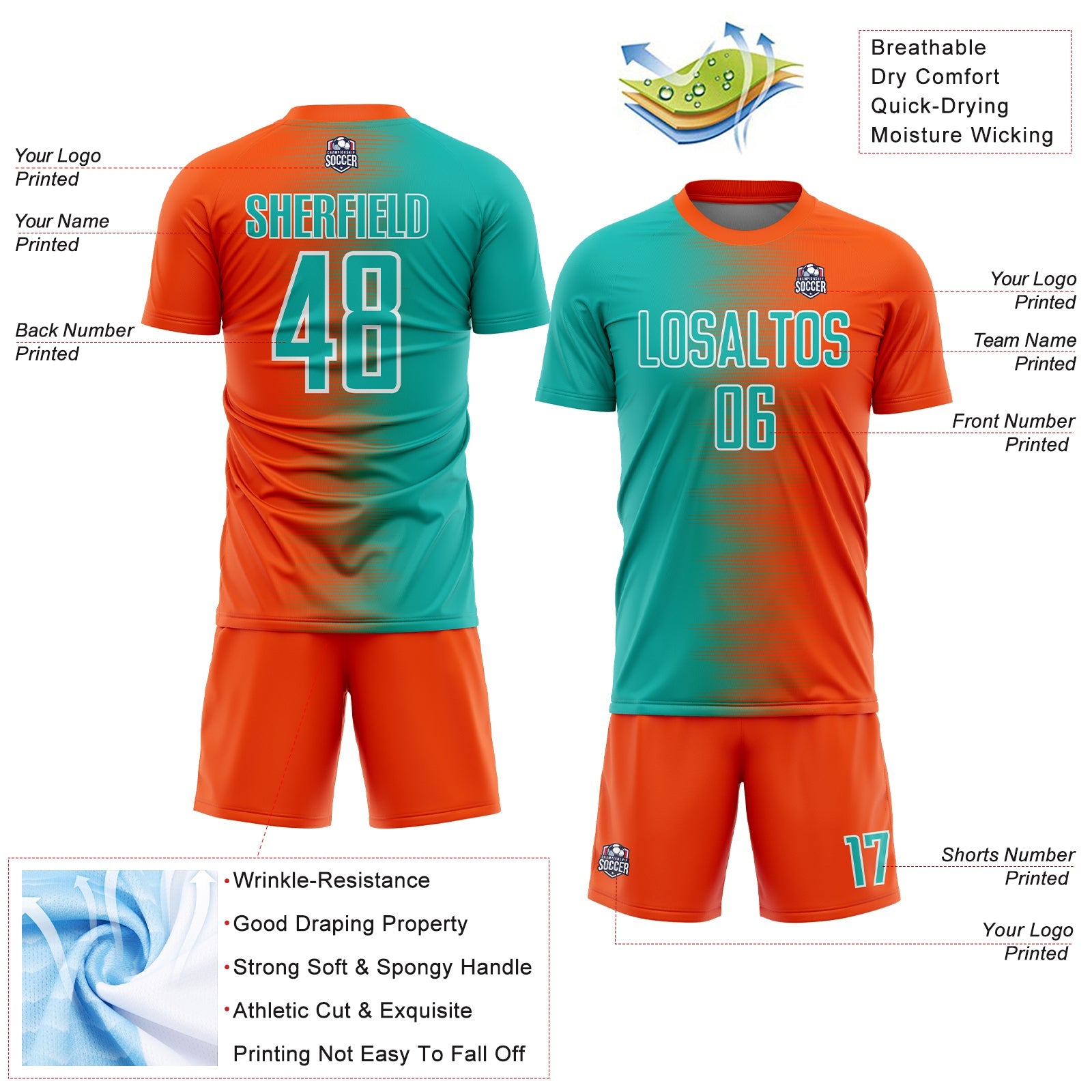 Custom Orange Aqua-White Gradient Line Sublimation Soccer Uniform Jersey - Sky-Custom