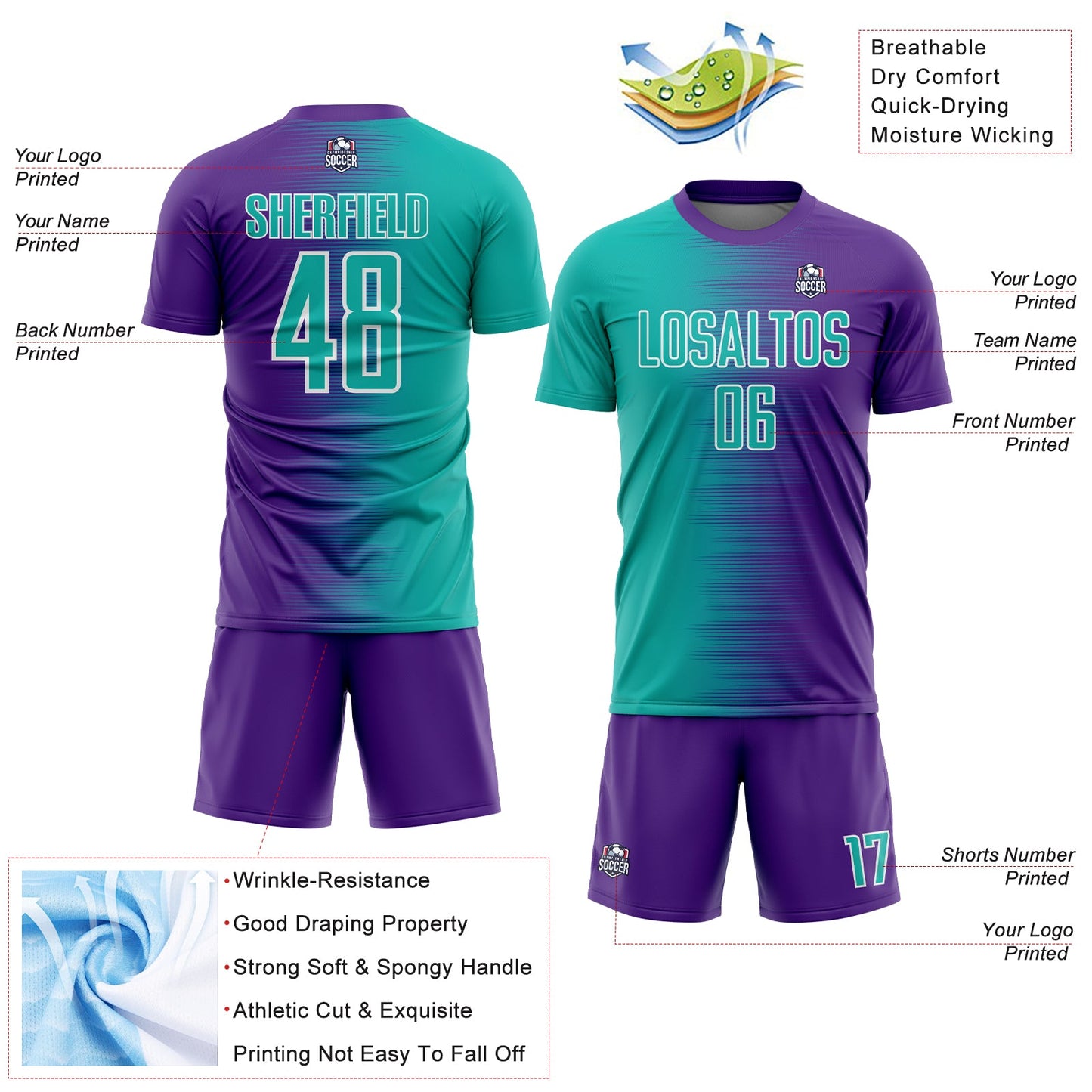 Custom Purple Aqua-White Gradient Line Sublimation Soccer Uniform Jersey - Sky-Custom