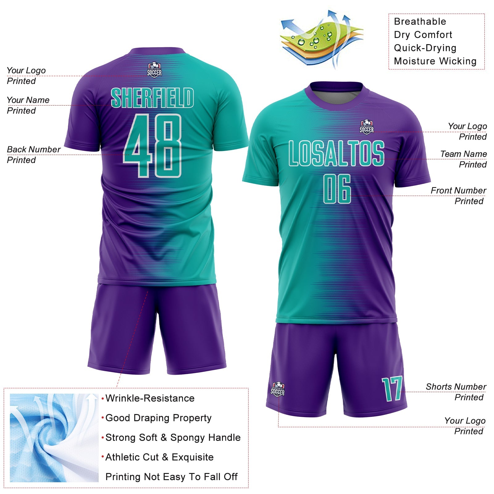 Custom Purple Aqua-White Gradient Line Sublimation Soccer Uniform Jersey - Sky-Custom